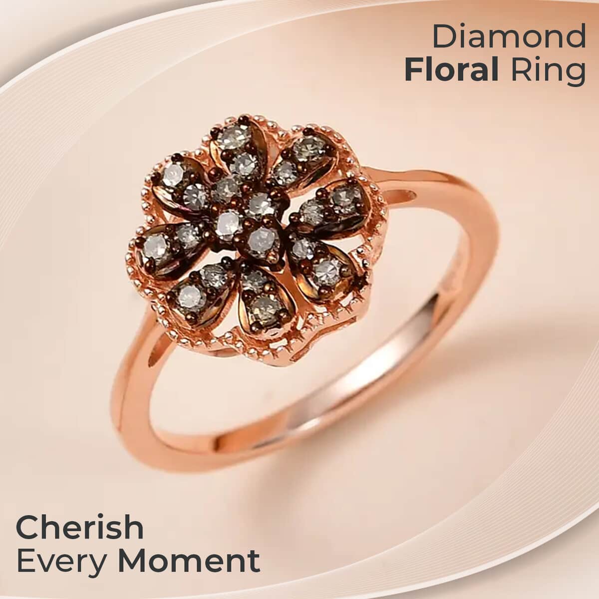 Natural Champagne Diamond Floral Ring,  Rhodium & Vermeil Rose Gold Over Sterling Silver Ring, Natural Champagne Diamond Cluster Ring, Rings For Her 0.25 ctw image number 1