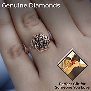 Natural Champagne Diamond 0.25 ctw Floral Ring, Rhodium & Vermeil Rose Gold Over Sterling Silver Ring, Natural Champagne Diamond Cluster Ring, Rings For Her (Size 11.00)