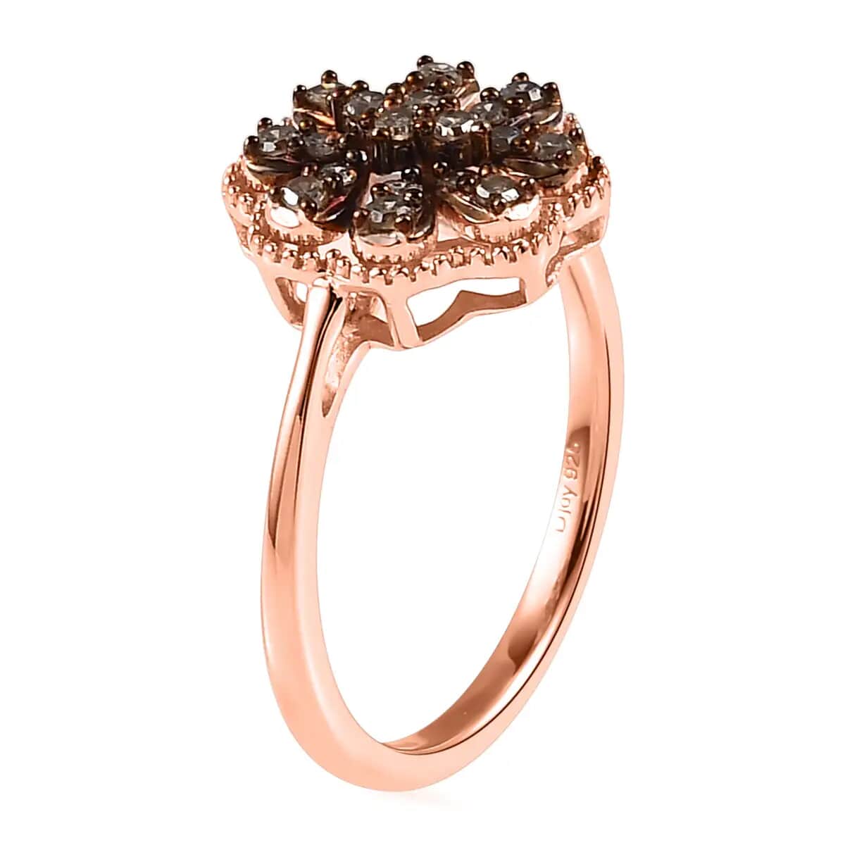Natural Champagne Diamond Floral Ring,  Rhodium & Vermeil Rose Gold Over Sterling Silver Ring, Natural Champagne Diamond Cluster Ring, Rings For Her 0.25 ctw image number 4
