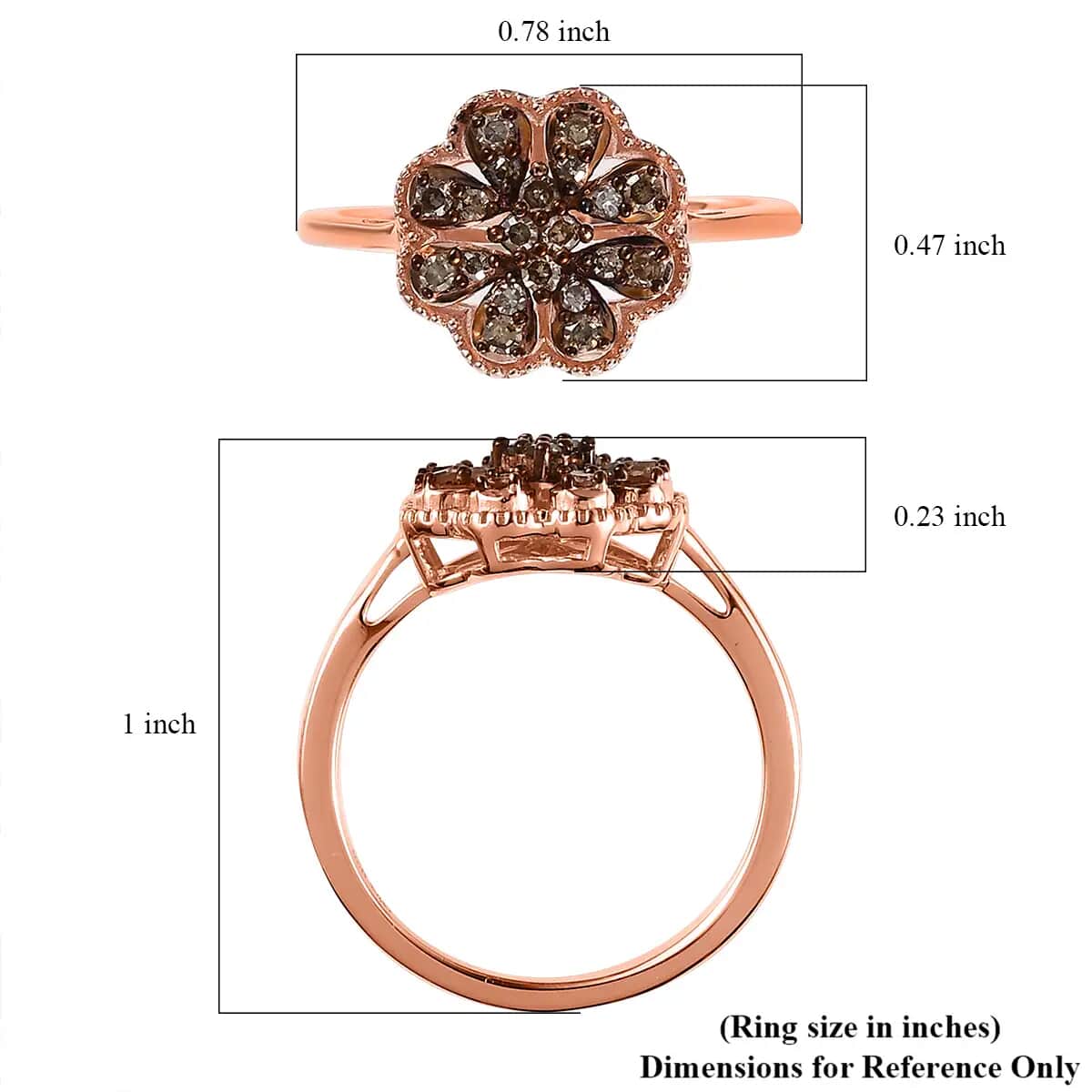Natural Champagne Diamond Floral Ring,  Rhodium & Vermeil Rose Gold Over Sterling Silver Ring, Natural Champagne Diamond Cluster Ring, Rings For Her 0.25 ctw image number 6
