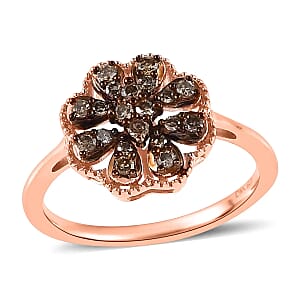Natural Champagne Diamond Floral Ring,  Rhodium & Vermeil Rose Gold Over Sterling Silver Ring, Natural Champagne Diamond Cluster Ring, Rings For Her 0.25 ctw