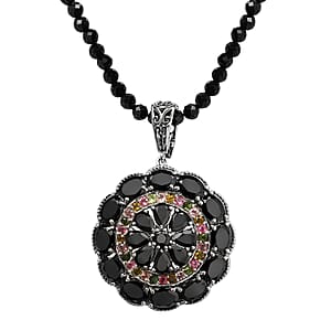Elite Shungite and Multi Gemstone Pendant with Thai Black Spinel Beaded Necklace 20 Inches in Platinum Over Sterling Silver 68.75 ctw