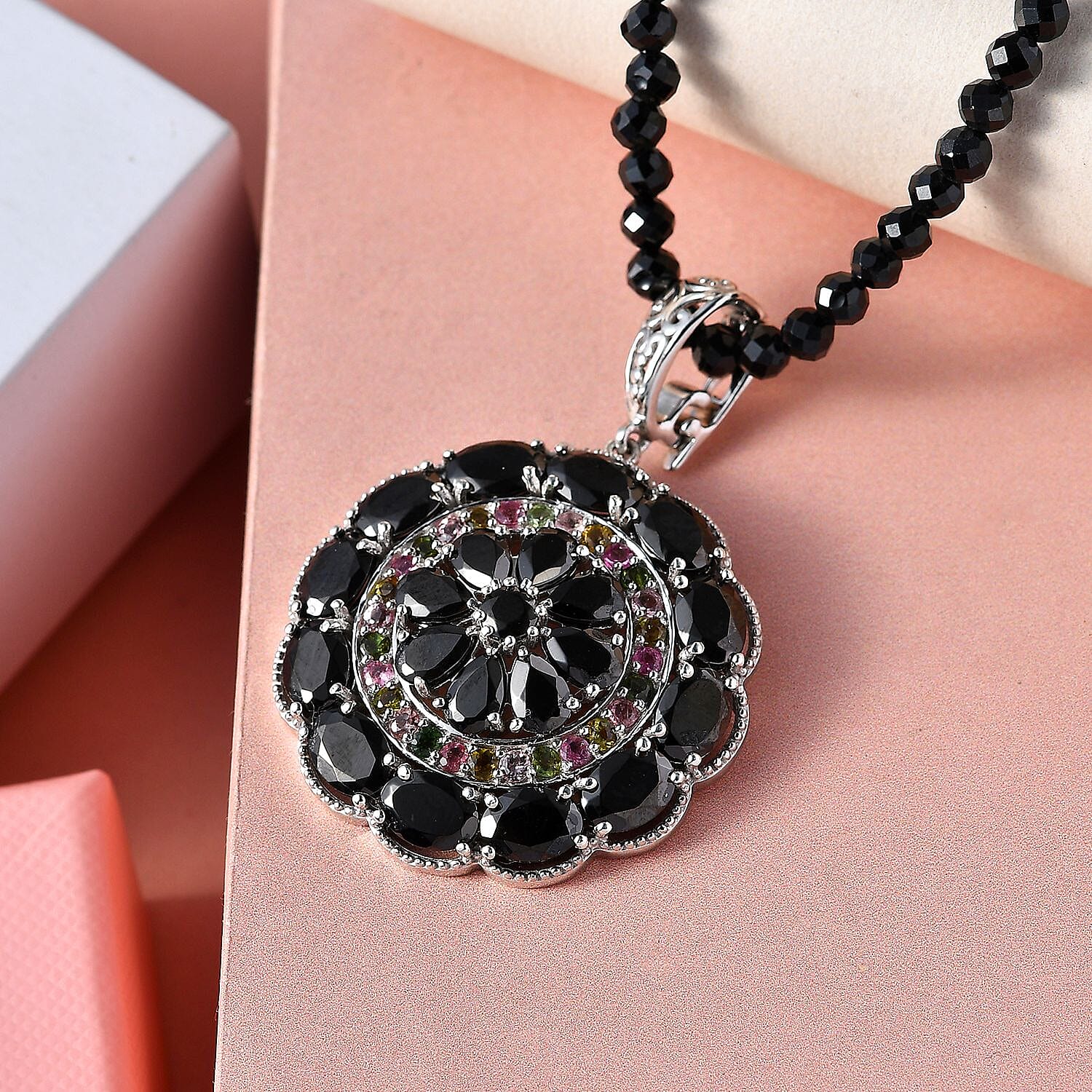 Elite Shungite and Multi Gemstone Pendant with Thai Black Spinel Beaded Necklace 20 Inches in Platinum Over Sterling Silver 68.75 ctw