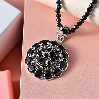 Elite Shungite and Multi Gemstone Pendant with Thai Black Spinel Beaded Necklace 20 Inches in Platinum Over Sterling Silver 68.75 ctw