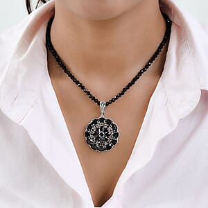 Elite Shungite and Multi Gemstone Pendant with Thai Black Spinel Beaded Necklace 20 Inches in Platinum Over Sterling Silver 68.75 ctw