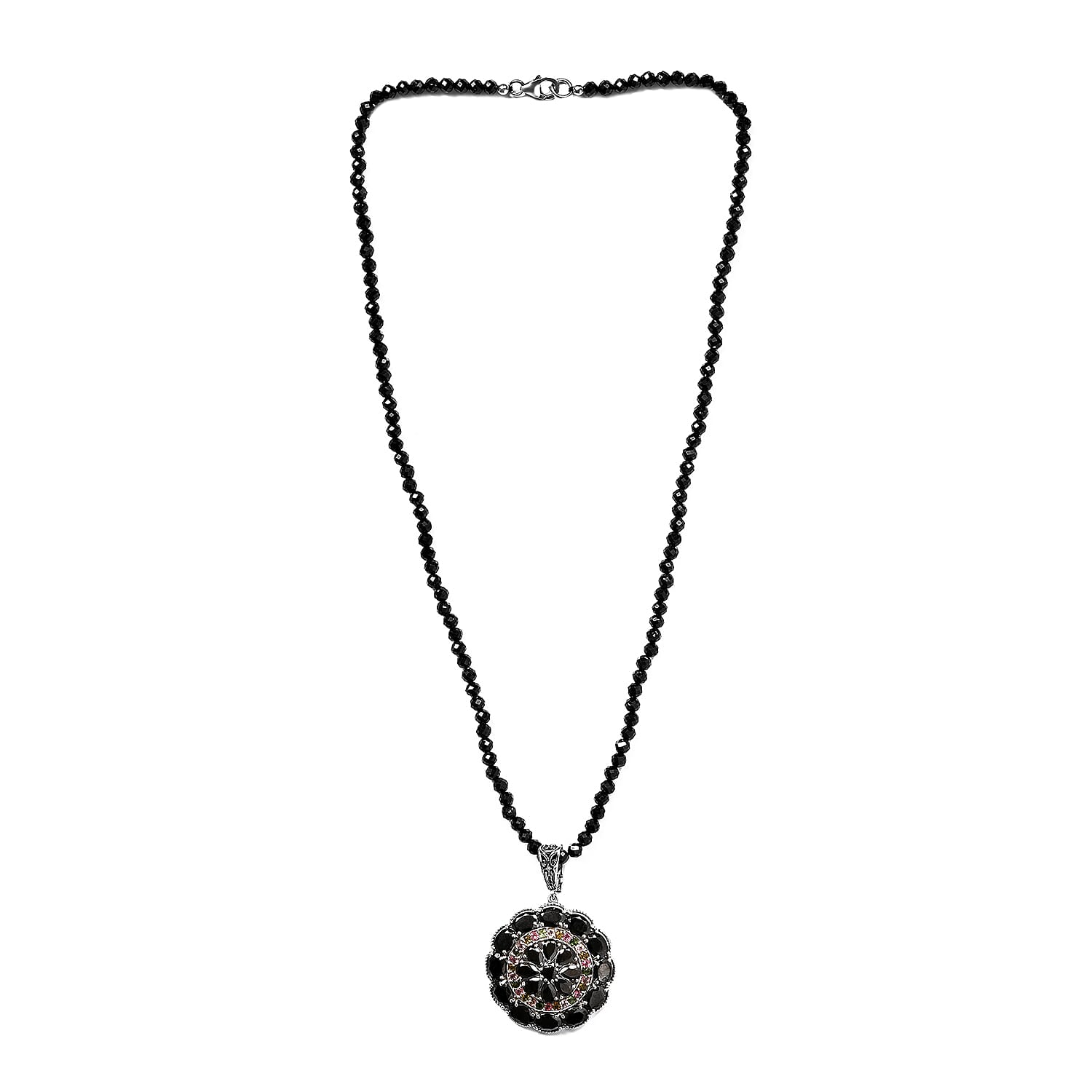 Elite Shungite and Multi Gemstone Pendant with Thai Black Spinel Beaded Necklace 20 Inches in Platinum Over Sterling Silver 68.75 ctw