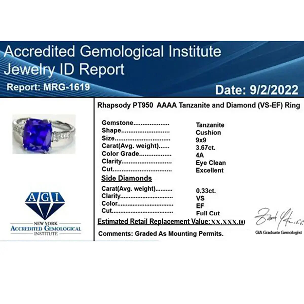 Rhapsody Certified & Appraised AAAA Tanzanite and E-F VS Diamond 4.00 ctw Accent Ring, 950 Platinum Ring, Wedding Ring 4 Grams (Size 6.00)
