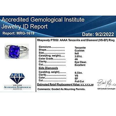 Rhapsody Certified & Appraised AAAA Tanzanite and E-F VS Diamond 4.00 ctw Accent Ring, 950 Platinum Ring, Wedding Ring 4 Grams (Size 6.00)