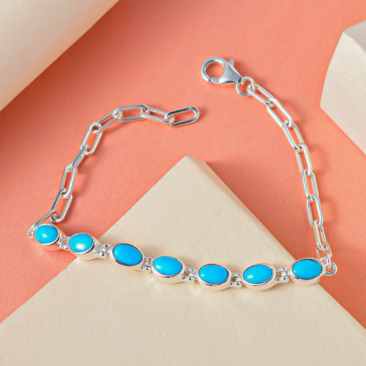 Artisan Crafted Sleeping Beauty Turquoise Paper Clip Chain Bracelet, Sterling Silver Bracelet, Handmade Jewelry (7.25-8.75In) 2.65 ctw image number 1