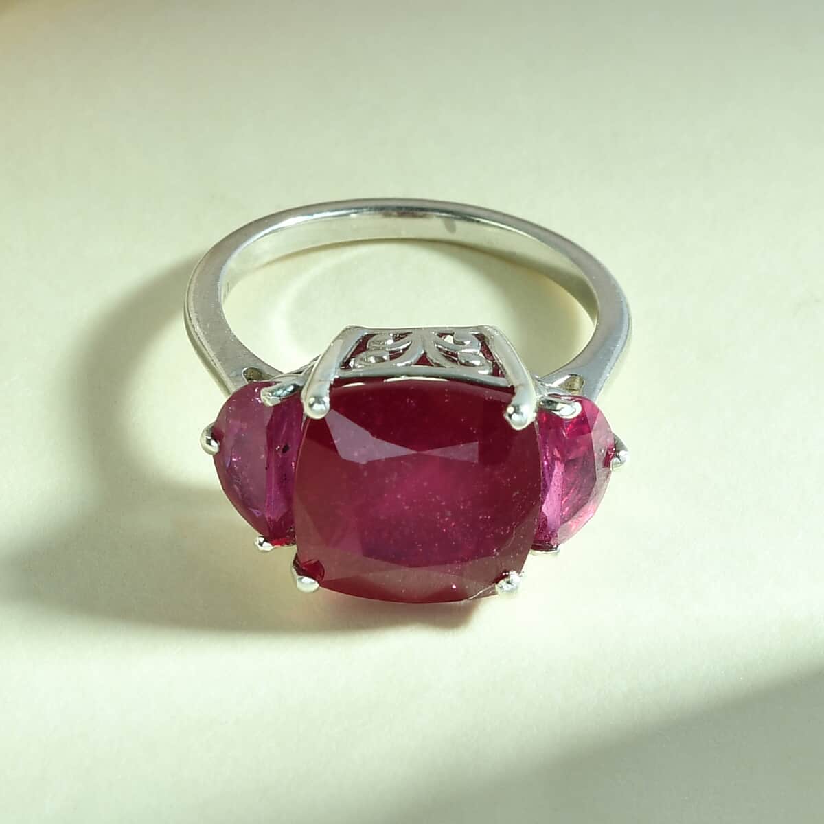 Premium Niassa Ruby 3 Stone Ring in Platinum Over Sterling Silver (Size 7.0) 8.35 ctw image number 1