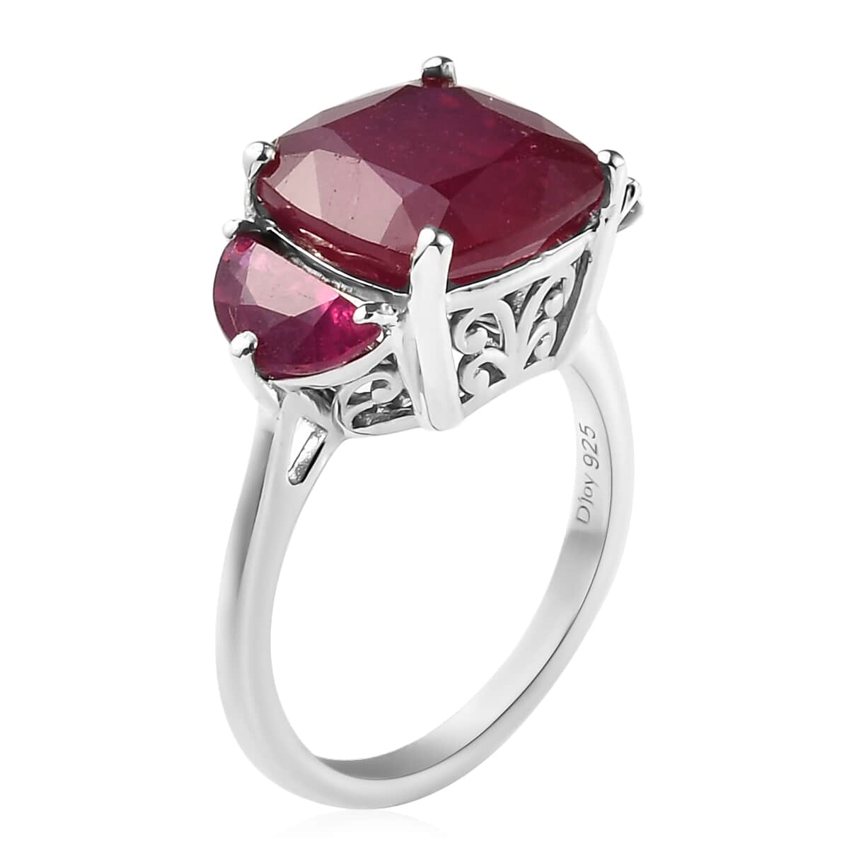 Premium Niassa Ruby 3 Stone Ring in Platinum Over Sterling Silver (Size 7.0) 8.35 ctw image number 3