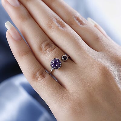 Amethyst February Birthstone Anxiety Spinner Openable Band Ring in Platinum Over Sterling Silver (Large Adjustable Size 9-11) 0.60 ctw