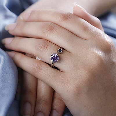 Amethyst February Birthstone Anxiety Spinner Openable Band Ring in Platinum Over Sterling Silver (Large Adjustable Size 9-11) 0.60 ctw