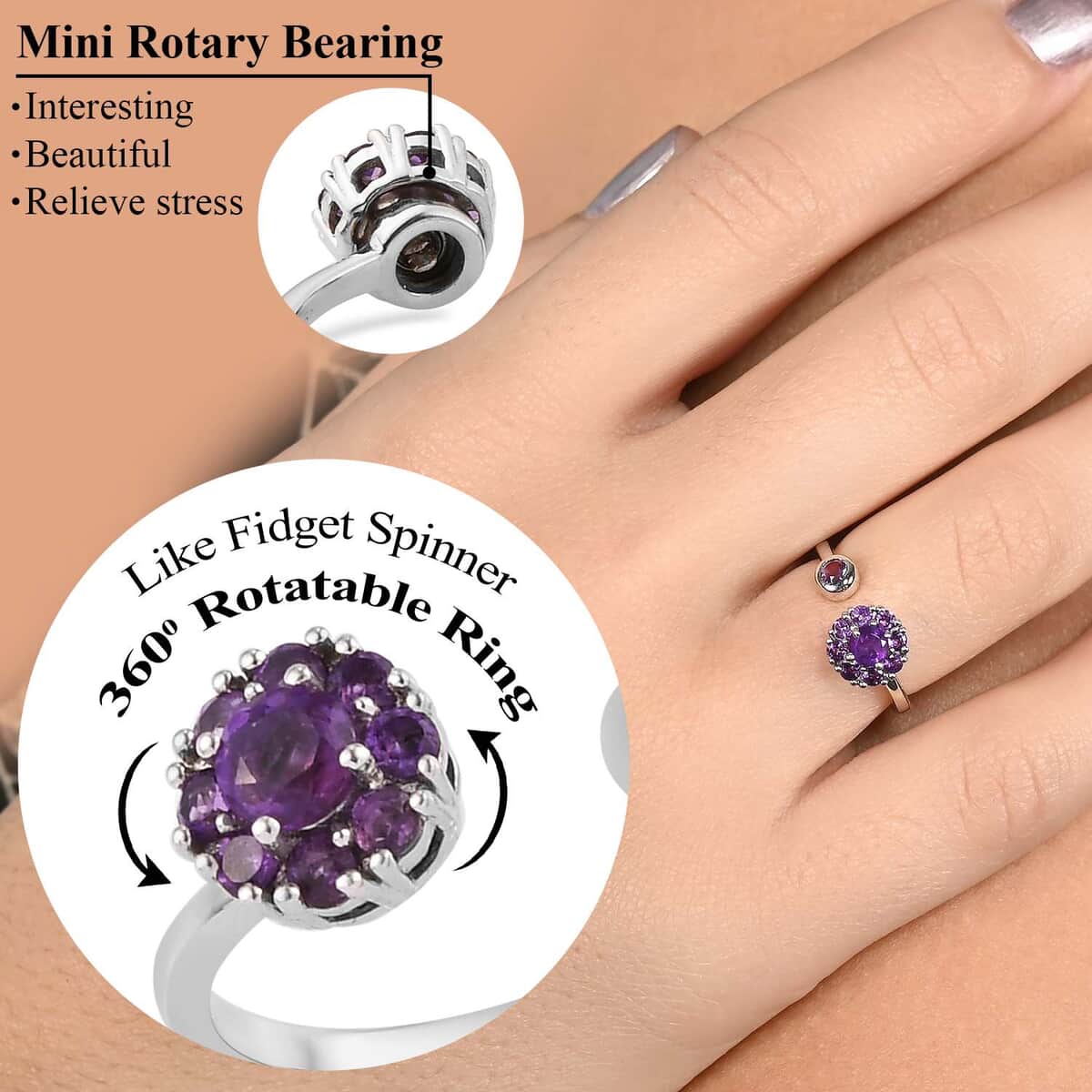 Amethyst February Birthstone Anxiety Spinner Openable Band Ring in Platinum Over Sterling Silver (Large Adjustable Size 9-11) 0.60 ctw image number 3