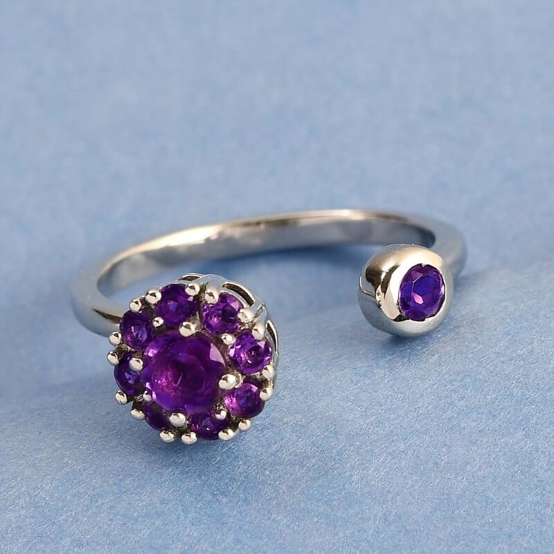 Amethyst February Birthstone Anxiety Spinner Openable Band Ring in Platinum Over Sterling Silver (Large Adjustable Size 9-11) 0.60 ctw