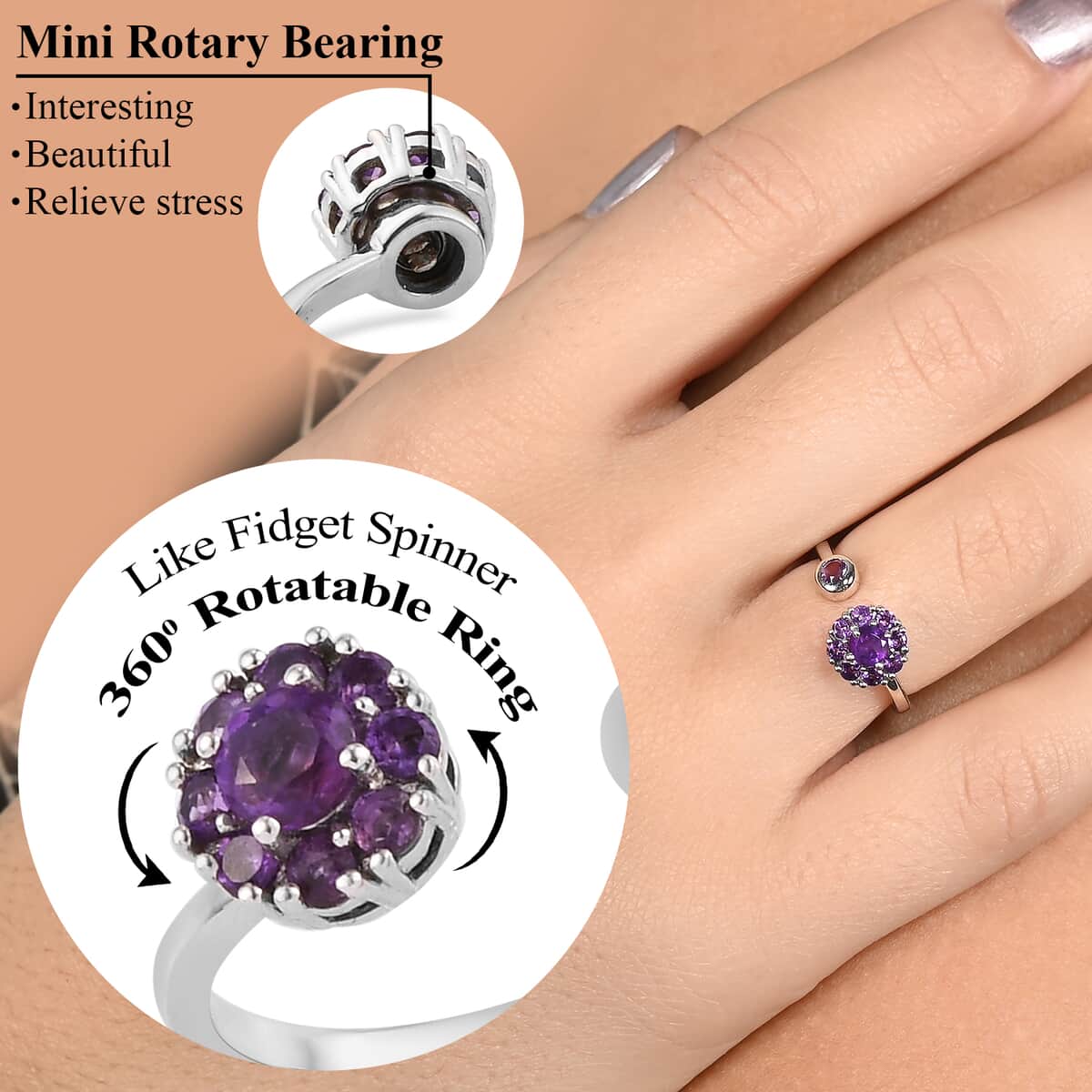 Amethyst February Birthstone Anxiety Spinner Openable Band Ring in Platinum Over Sterling Silver (Medium Adjustable Size 6-8) 0.60 ctw image number 1