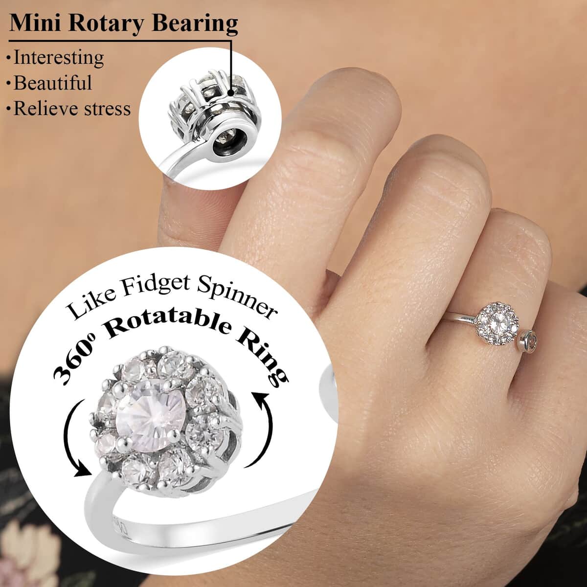 White Zircon April Birthstone Anxiety Spinner Openable Band Ring in Platinum Over Sterling Silver (Large Adjustable Size 9-11) 1.00 ctw image number 1