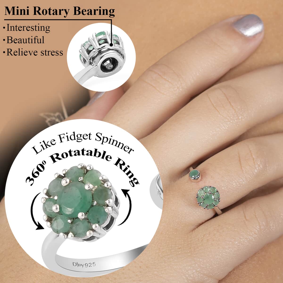 Socoto Emerald May Birthstone Anxiety Spinner Openable Band Ring in Platinum Over Sterling Silver (Large Adjustable Size 9-11) 0.75 ctw image number 1