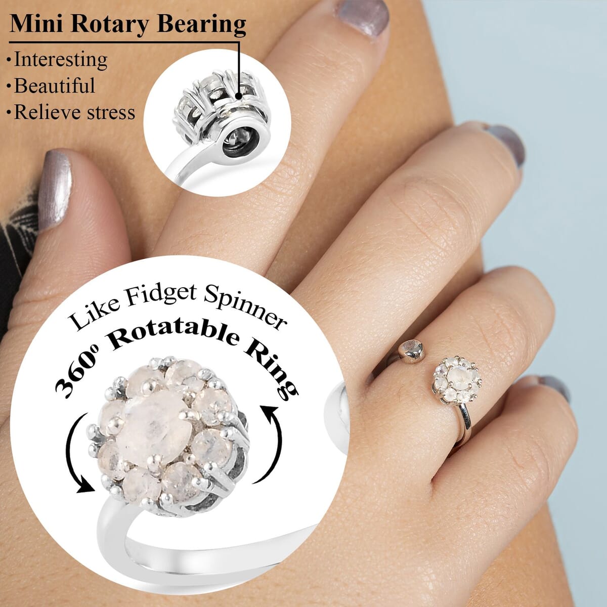 Kuisa Rainbow Moonstone 0.65 ctw June Birthstone Anxiety Spinner Openable Band Adjustable Ring in Platinum Over Sterling Silver (Size 6.0) image number 1