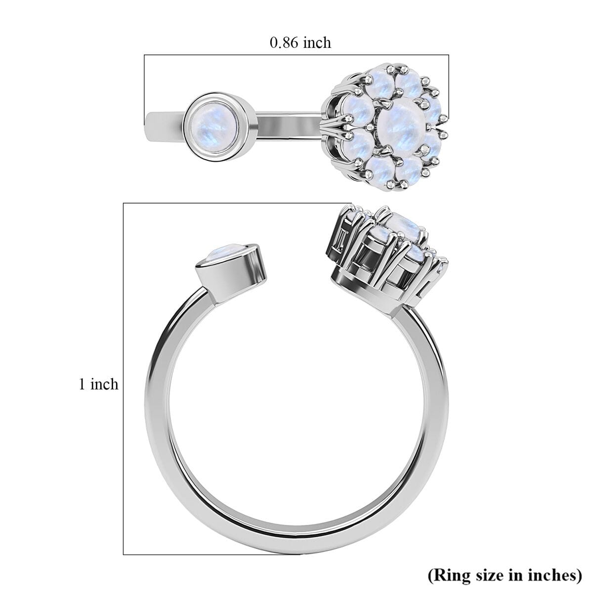 Kuisa Rainbow Moonstone 0.65 ctw June Birthstone Anxiety Spinner Openable Band Adjustable Ring in Platinum Over Sterling Silver (Size 6.0) image number 6