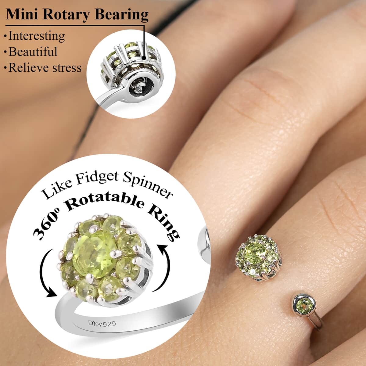Peridot August Birthstone Anxiety Spinner Openable Band Ring in Platinum Over Sterling Silver (Large Adjustable Size 9-11) 0.75 ctw image number 1