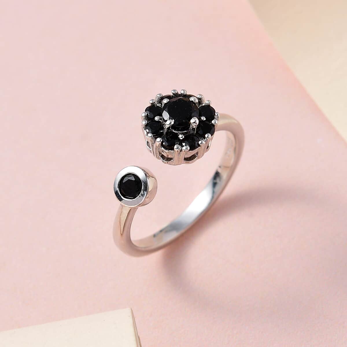 Australian Black Tourmaline October Birthstone Spinner Openable Band Ring in Platinum Over Sterling Silver (Large Adjustable Size 9-11) 0.70 ctw image number 1