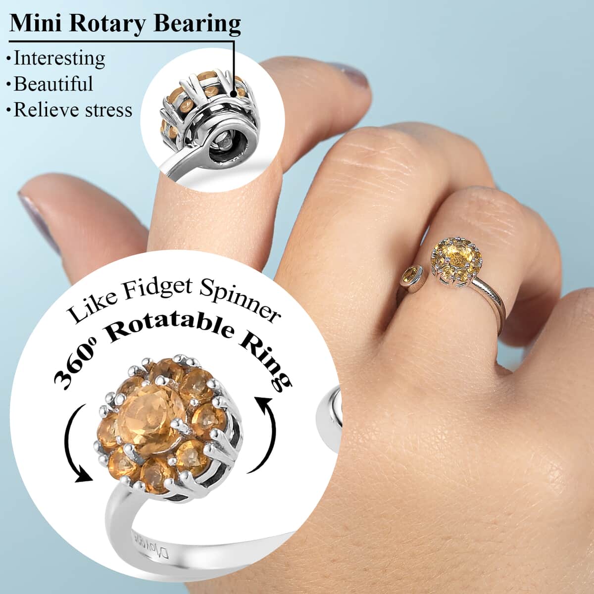 Brazilian Citrine November Birthstone Anxiety Spinner Openable Band Ring in Platinum Over Sterling Silver (Adjustable Size 9-11) 0.65 ctw image number 1