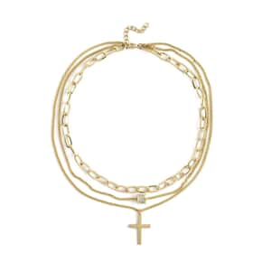 Austrian Crystal Three Layered Paperclip Necklace with Cross Charm in Goldtone 20.5-22.5 Inches