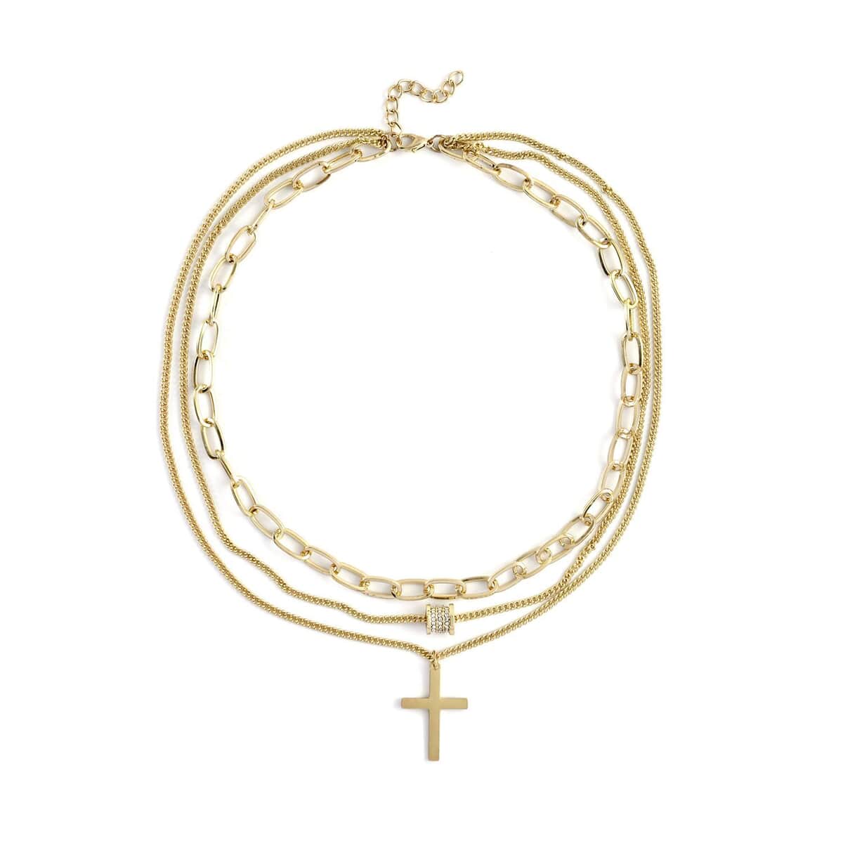 Austrian Crystal Three Layered Necklace with Cross Charm (20.5-22.5 Inches) in Goldtone 6.00 ctw image number 0