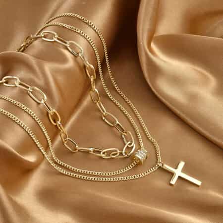 Austrian Crystal Three Layered Paperclip Necklace with Cross Charm 20.5-22.5 Inches in Goldtone image number 1