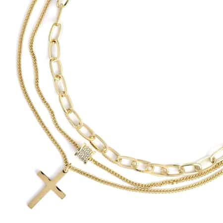 Austrian Crystal Three Layered Paperclip Necklace with Cross Charm 20.5-22.5 Inches in Goldtone image number 3