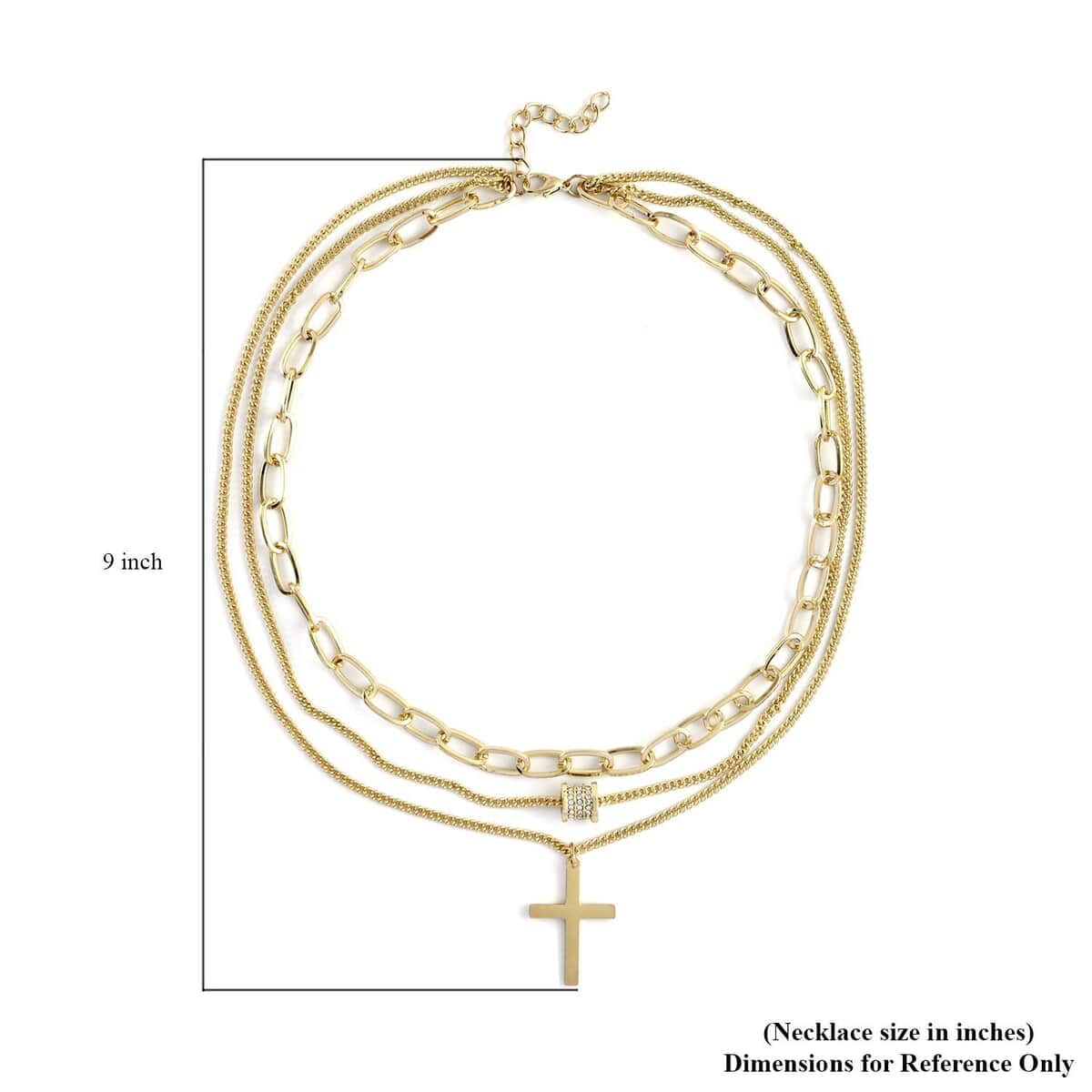 Austrian Crystal Three Layered Paperclip Necklace with Cross Charm 20.5-22.5 Inches in Goldtone image number 4