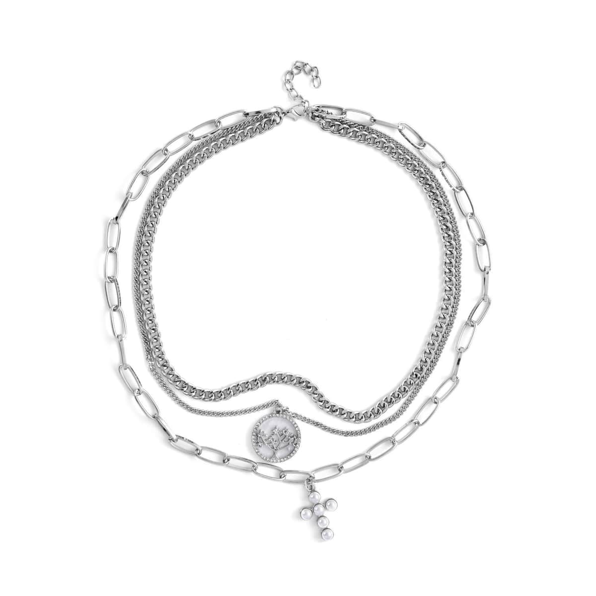 Simulated Pearl, Resin, Austrian Crystal Three Layered Paperclip Necklace with Tree of Life & Cross Charm in Silvertone 20.5-22.5 Inches image number 0