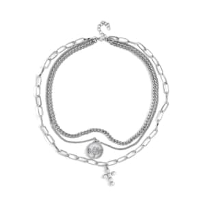 Simulated Pearl, Resin, Austrian Crystal Three Layered Paperclip Necklace with Tree of Life & Cross Charm in Silvertone 20.5-22.5 Inches