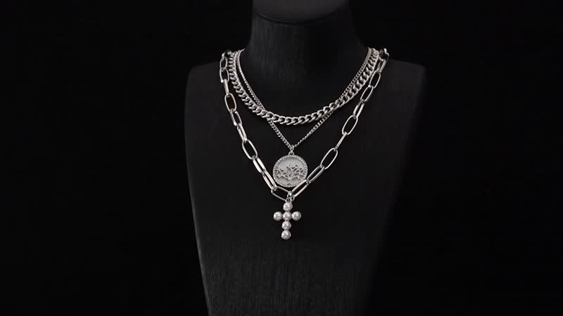 Austrian Crystal Three Layered Necklace with Cross Charm (20.5-22.5 Inches) in Goldtone 6.00 ctw