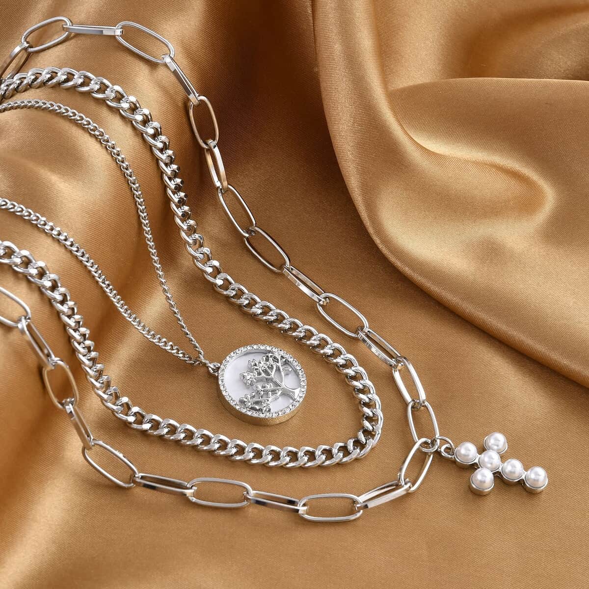 Simulated Pearl, Resin, Austrian Crystal Three Layered Paperclip Necklace with Tree of Life & Cross Charm in Silvertone 20.5-22.5 Inches image number 1