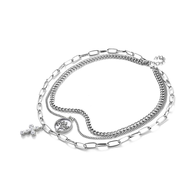 Simulated Pearl, Resin, Austrian Crystal Three Layered Paperclip Necklace with Tree of Life & Cross Charm in Silvertone 20.5-22.5 Inches