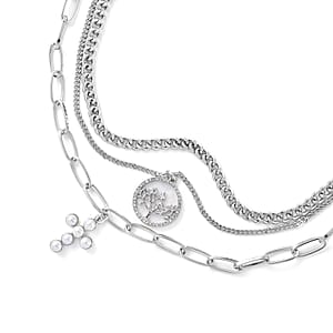 Simulated Pearl, Resin, Austrian Crystal Three Layered Paperclip Necklace with Tree of Life & Cross Charm in Silvertone 20.5-22.5 Inches