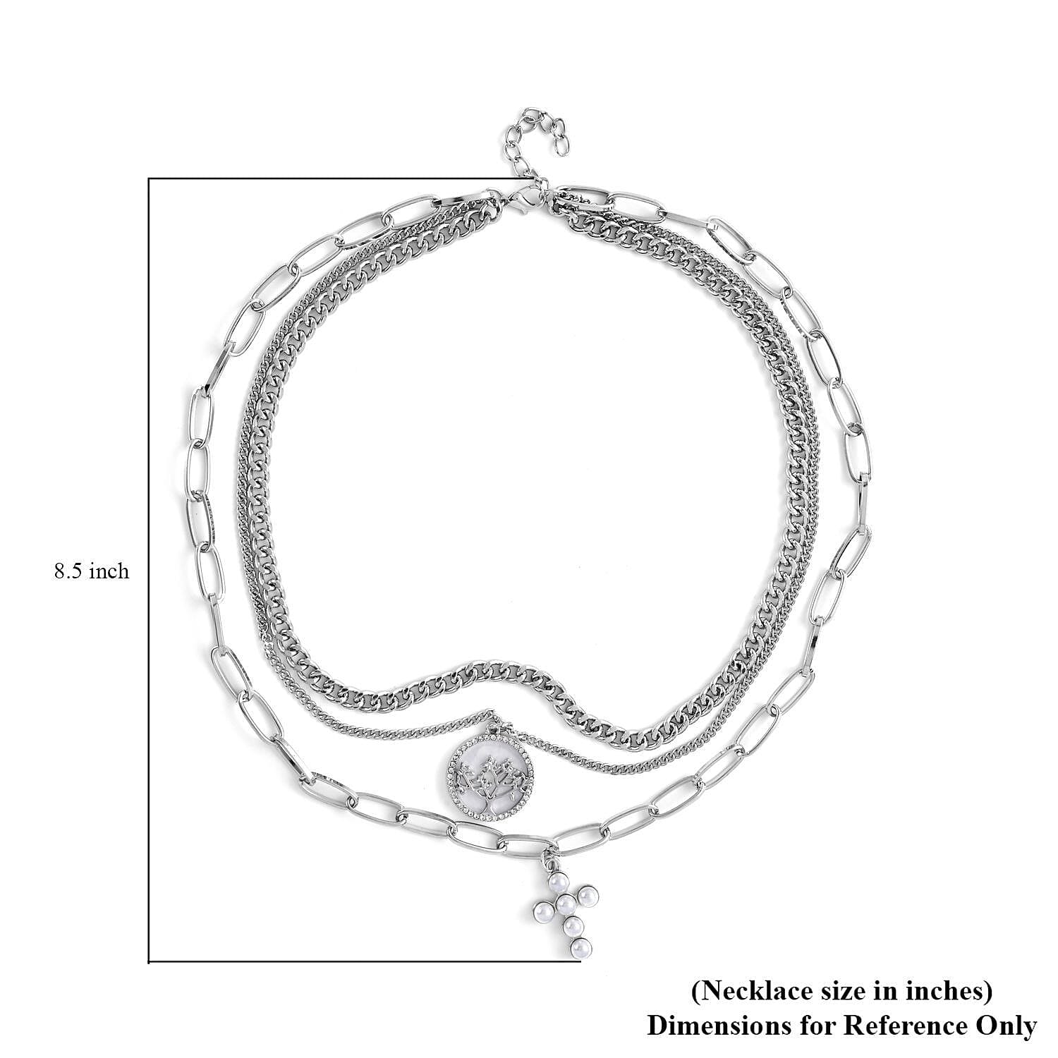 Simulated Pearl, Resin, Austrian Crystal Three Layered Paperclip Necklace with Tree of Life & Cross Charm in Silvertone 20.5-22.5 Inches