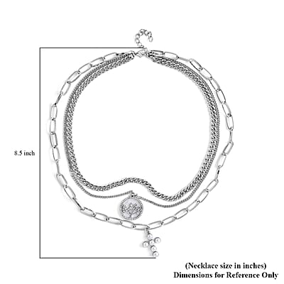 Simulated Pearl, Resin, Austrian Crystal Three Layered Paperclip Necklace with Tree of Life & Cross Charm in Silvertone 20.5-22.5 Inches