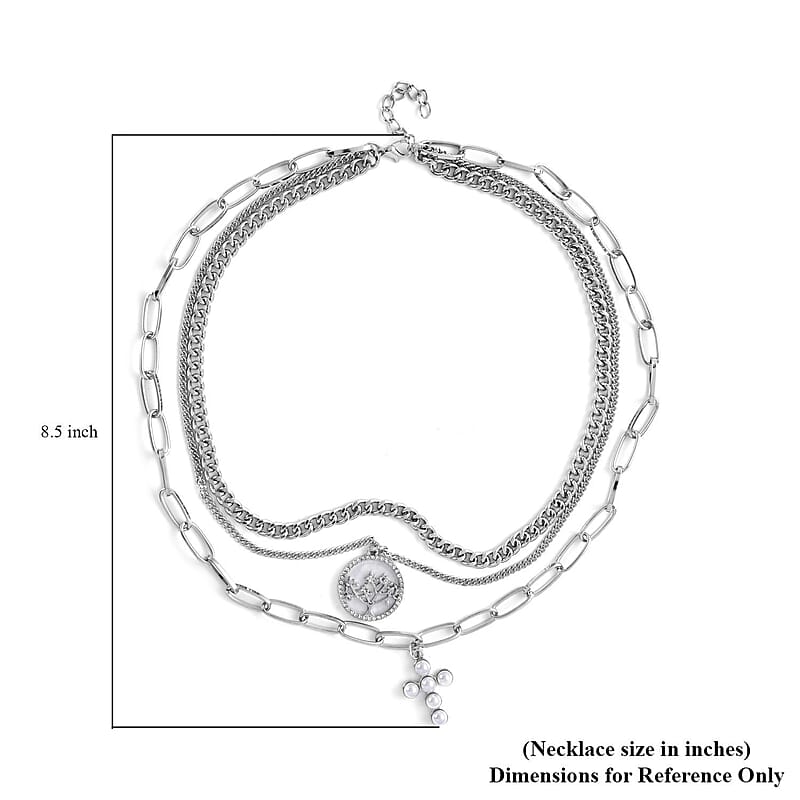 Simulated Pearl, Resin, Austrian Crystal Three Layered Paperclip Necklace with Tree of Life & Cross Charm in Silvertone 20.5-22.5 Inches