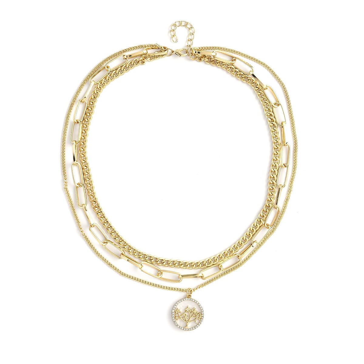 Resin and Austrian Crystal Two Layer Paperclip Necklace with Tree of Life Charm in Goldtone 20.5-22.5 Inches image number 0