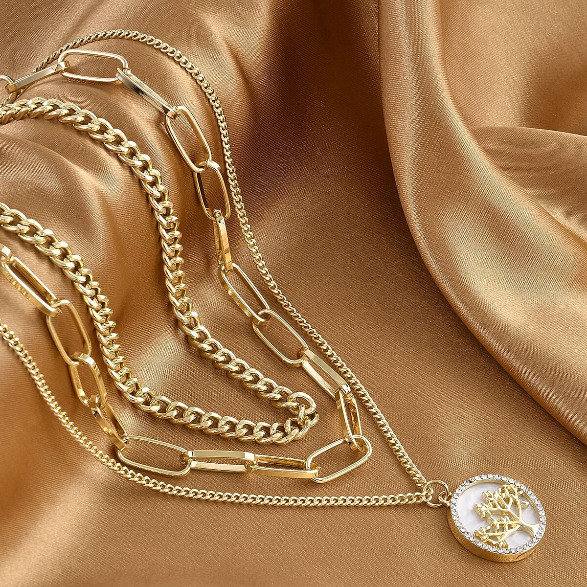 Resin and Austrian Crystal Two Layer Paperclip Necklace with Tree of Life Charm in Goldtone 20.5-22.5 Inches image number 1