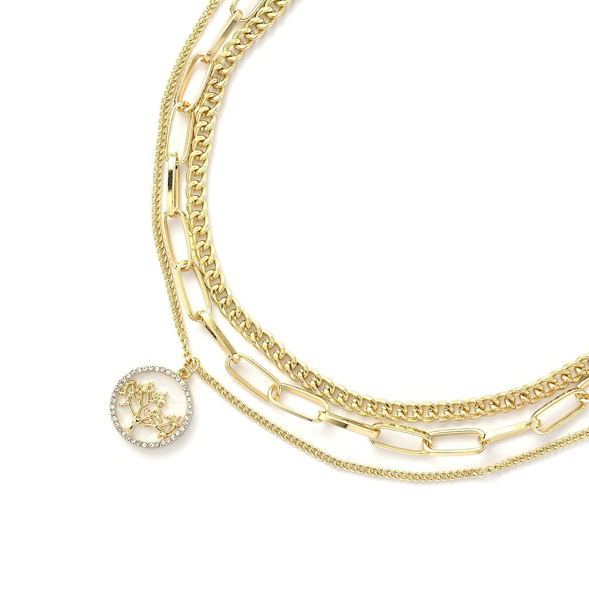 Resin and Austrian Crystal Two Layer Paperclip Necklace with Tree of Life Charm in Goldtone 20.5-22.5 Inches image number 3