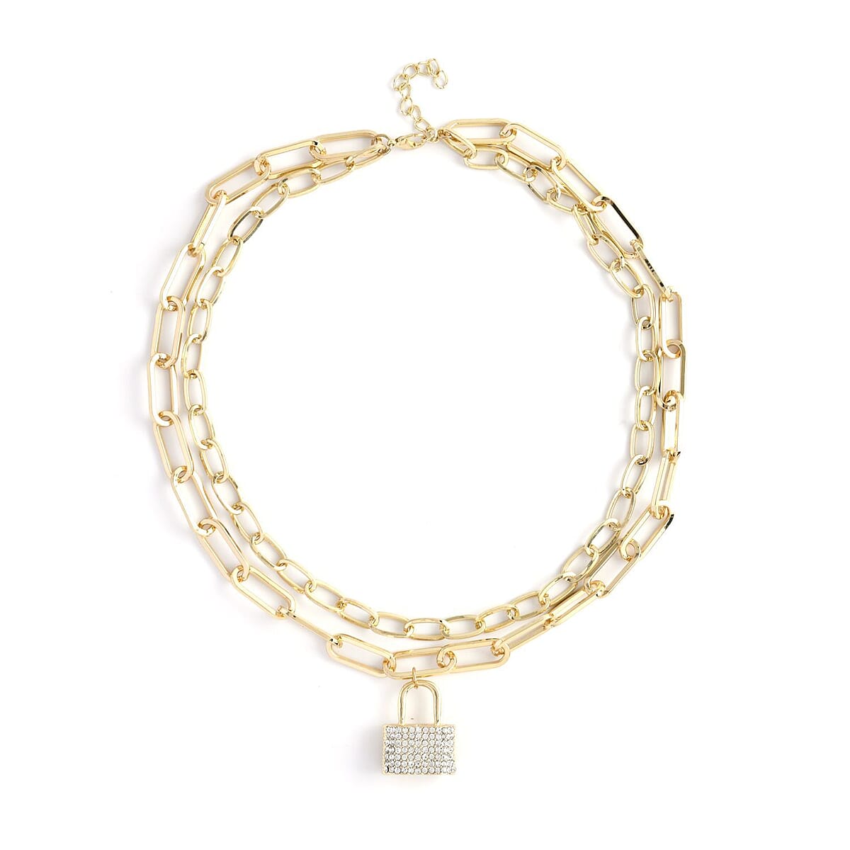 Austrian Crystal Two Layer Paperclip Necklace with Lock Charm in Goldtone 20.5-22.5 Inches image number 0