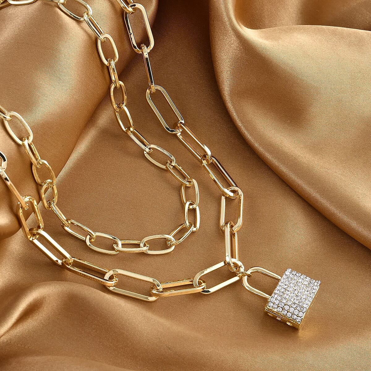 Austrian Crystal Two Layer Paperclip Necklace with Lock Charm in Goldtone 20.5-22.5 Inches image number 1