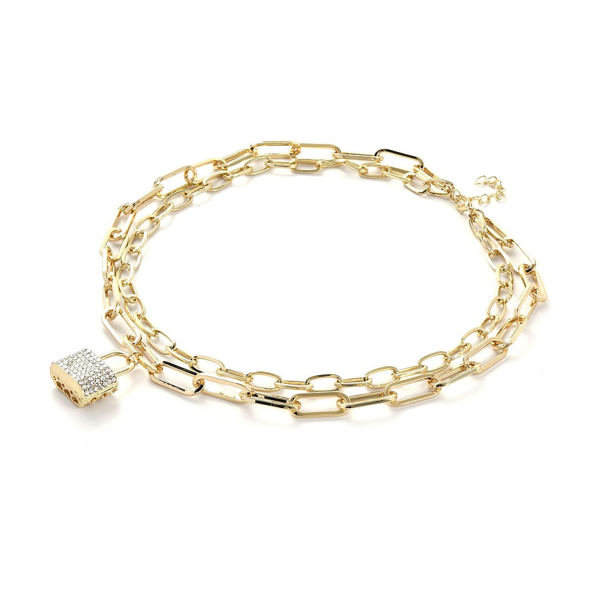 Austrian Crystal Two Layer Paperclip Necklace with Lock Charm in Goldtone 20.5-22.5 Inches image number 2