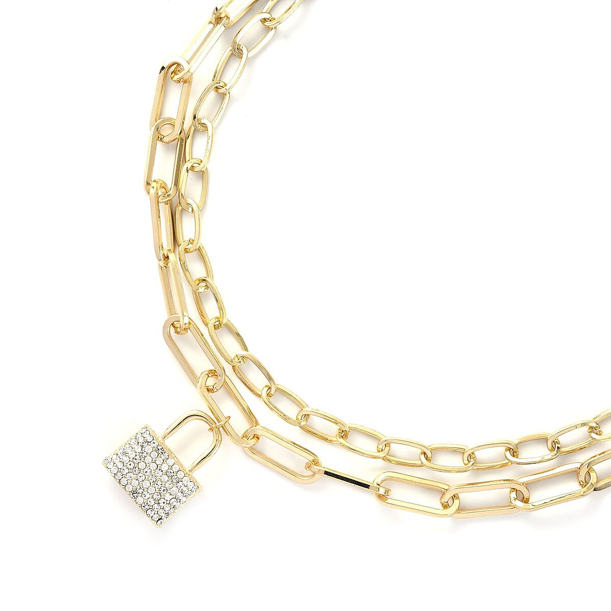 Austrian Crystal Two Layer Paperclip Necklace with Lock Charm in Goldtone 20.5-22.5 Inches image number 3