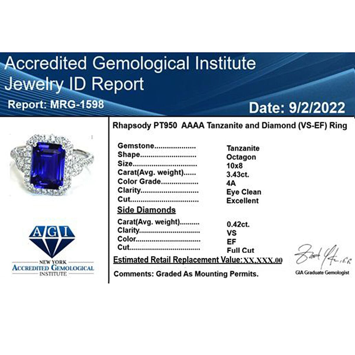 One Of A Kind Certified & Appraised Rhapsody 950 Platinum AAAA Tanzanite and E-F VS Diamond Ring (Size 6.0) 5.80 Grams 3.85 ctw (Del. in 10-15 Days)  image number 5
