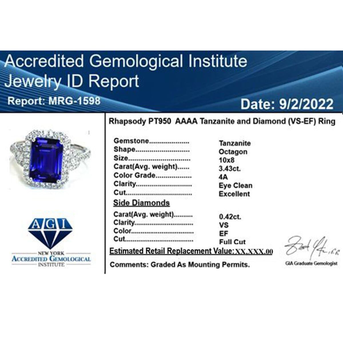 Certified & Appraised Rhapsody 950 Platinum AAAA Tanzanite and E-F VS Diamond Ring (Size 7.0) 5.80 Grams 3.85 ctw (Del. in 10-15 Days)  image number 5